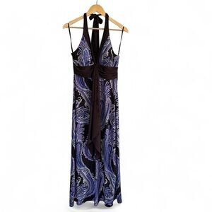 Alyn Paige New York Y2K Halter Maxi Dress. Large. Brown & Purple Paisley.